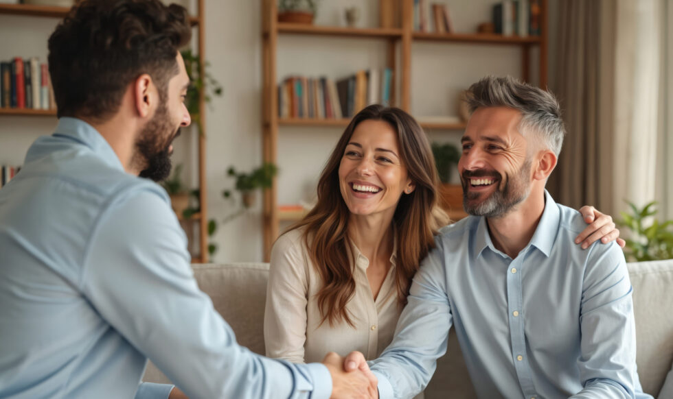 Happy couple meets financial advisor at home. Shake hands, smiling, making deal, agreement. Man, woman get expert advice on finance, insurance, property investment. Consultant helps clients with